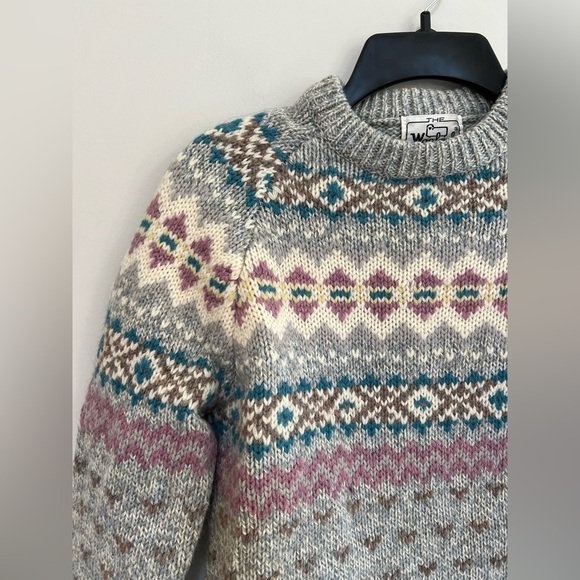 Woolrich Vintage Hand Knit Wool Diamond Design Sweater, Grey/Cream/Blue/Pink, M - Picture 6 of 6
